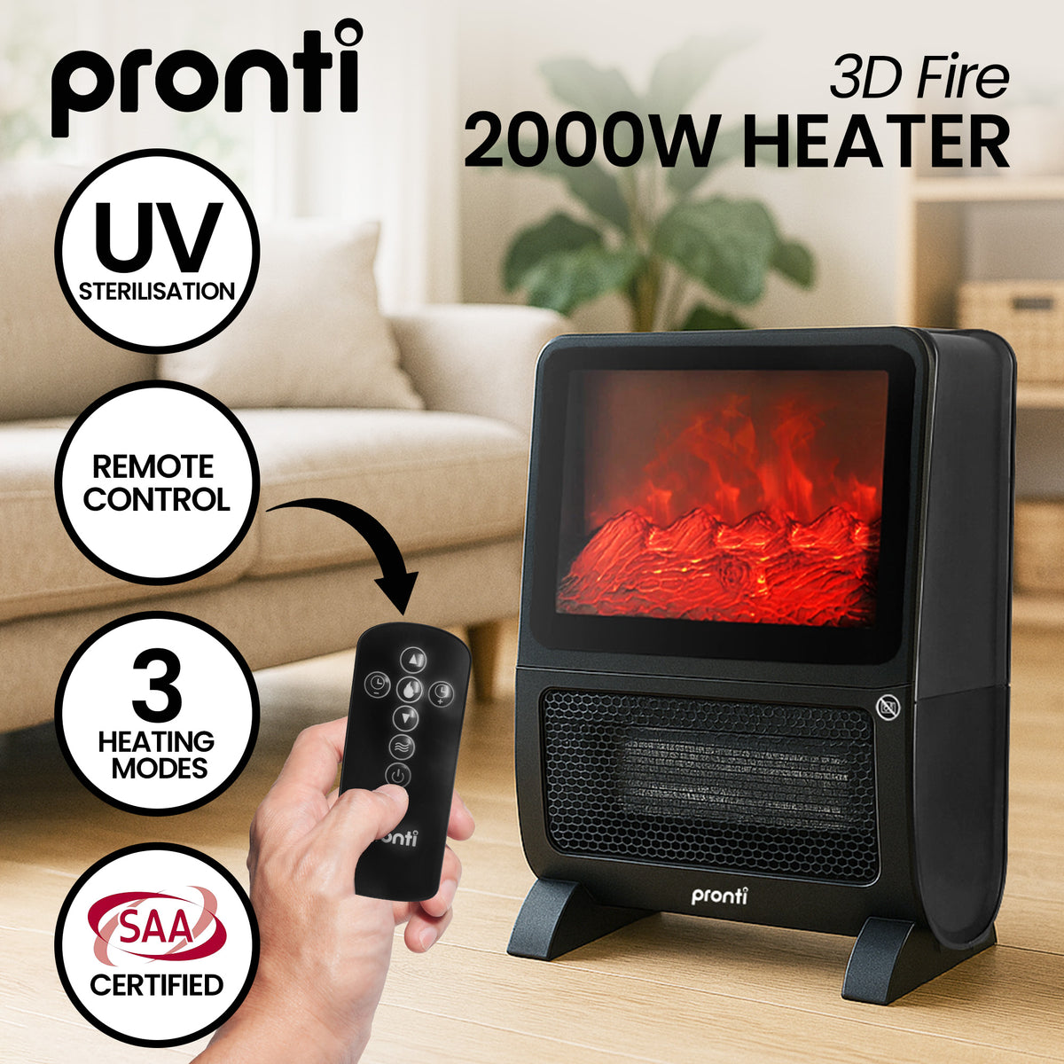 Pronti 2000W 3D Fire PTC Electric Portable Room Heater