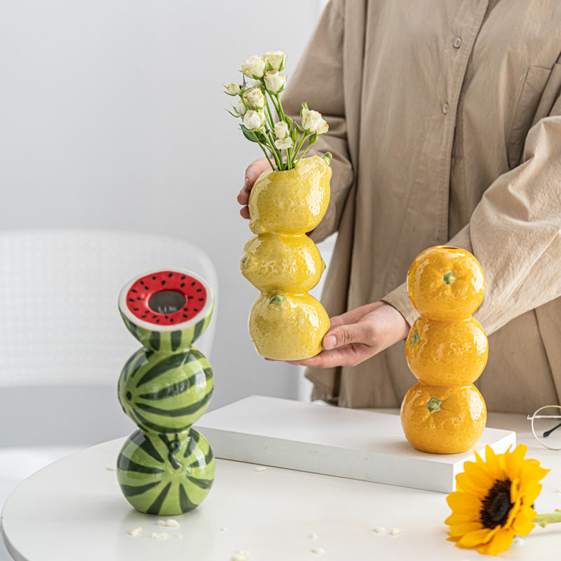 Bright Yellow Whimsical Stacked Orange Ceramic Vase - Modern Nordic Tabletop Decor