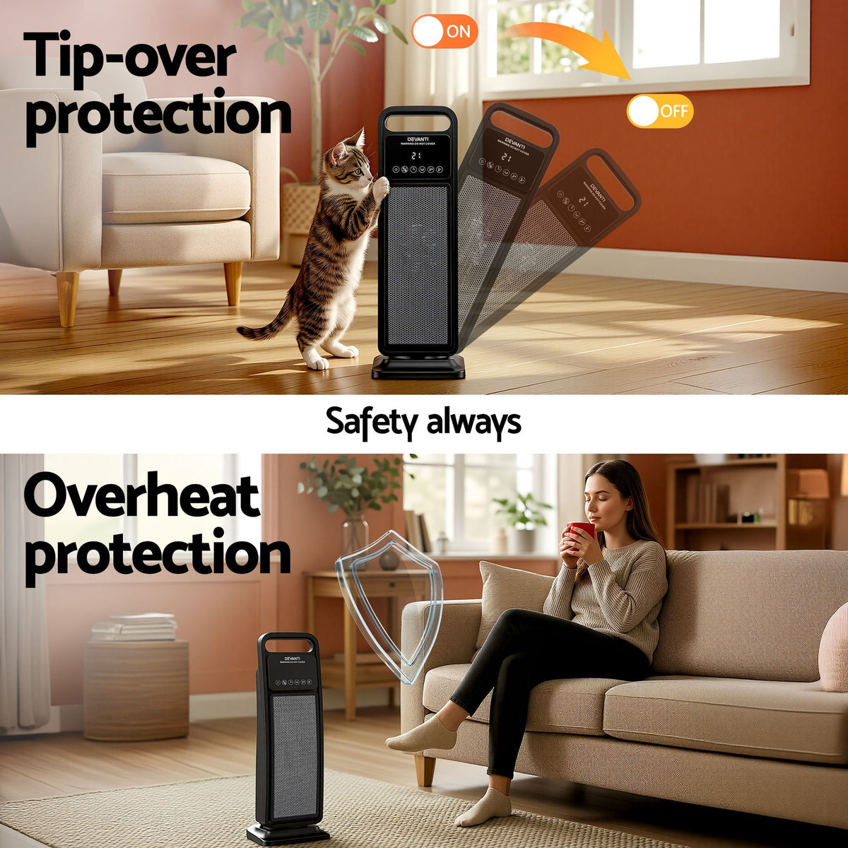 Devanti 2000W Ceramic Tower Heater Space Heaters Indoor Oscillating Black