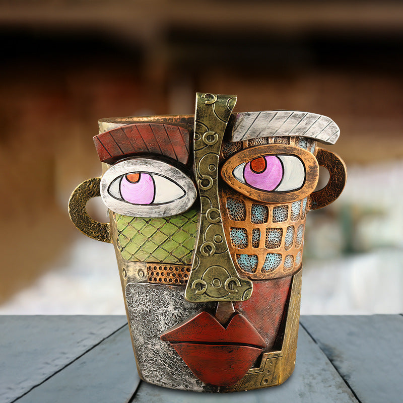 Abstract Face Planter Pot - Artistic Resin Decor for Succulents & Plants (Antique Style - 12.5*12*9CM)