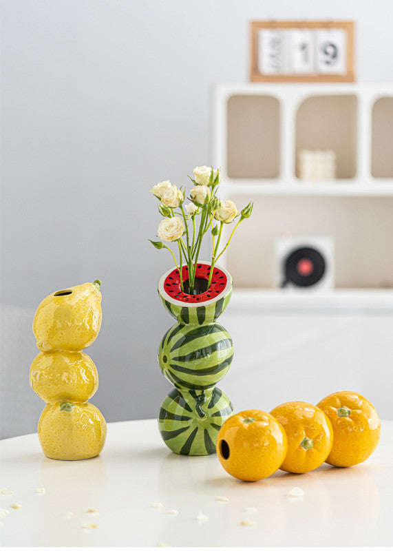 Bright Yellow Whimsical Stacked Orange Ceramic Vase - Modern Nordic Tabletop Decor