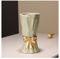 Beige Elegant Ceramic Vase with Golden Bow Accent - Textured Relief Flower Holder for Living Room & Dining Table Decor