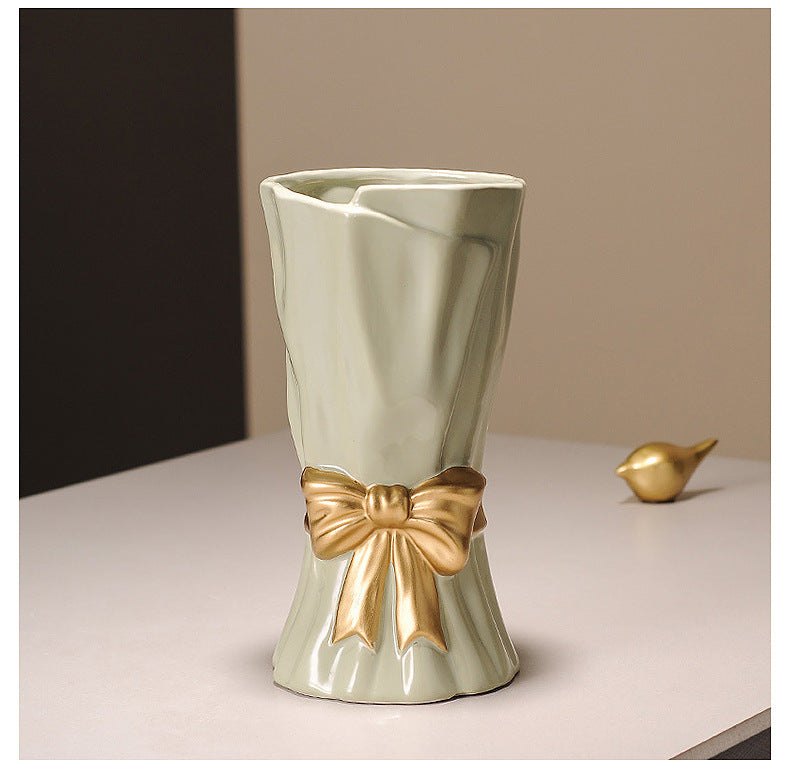 Beige Elegant Ceramic Vase with Golden Bow Accent - Textured Relief Flower Holder for Living Room & Dining Table Decor
